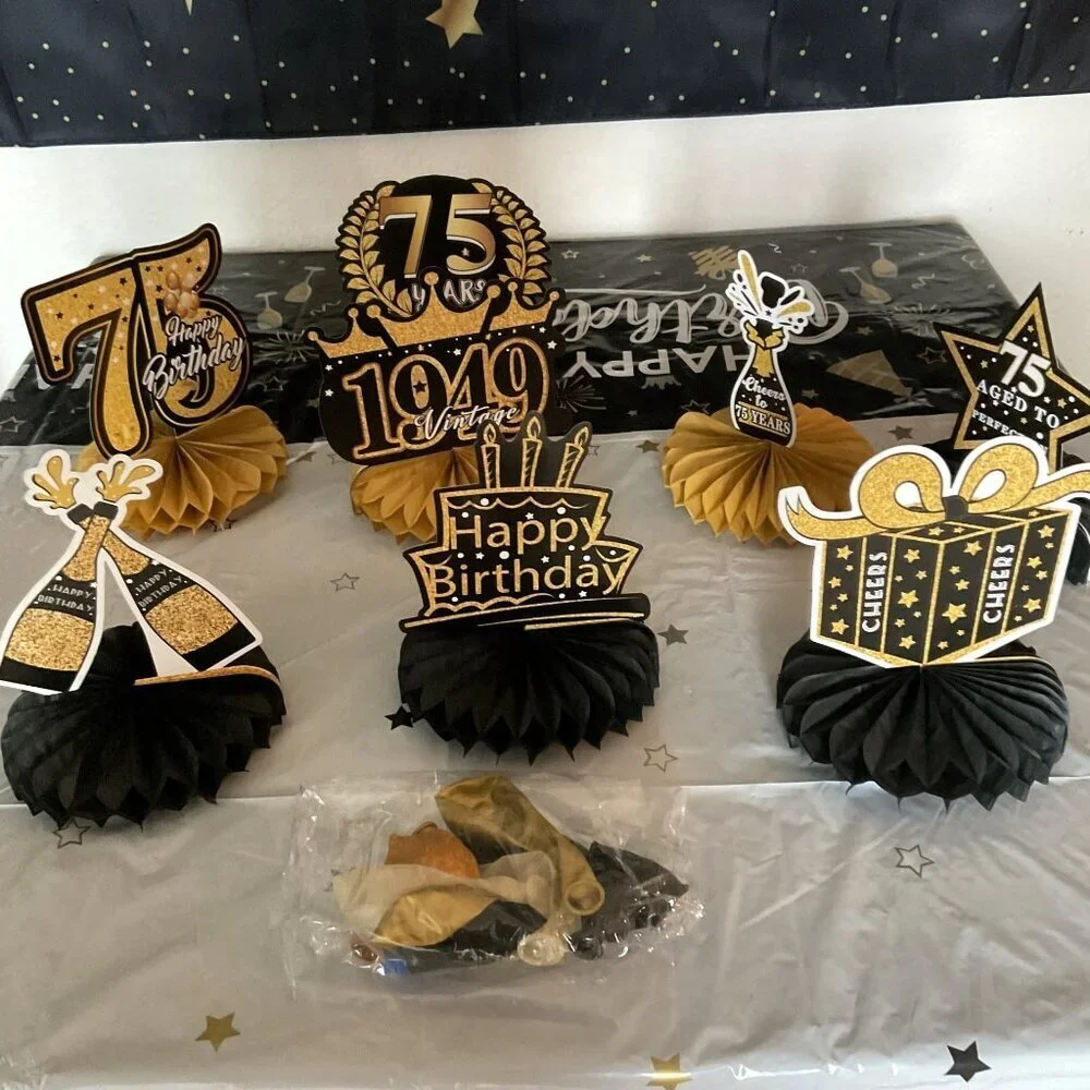 75TH HAPPY BIRTHDAY BACK DROP, BANNER, 8 TABLE DÉCOR 11 BALLOONS